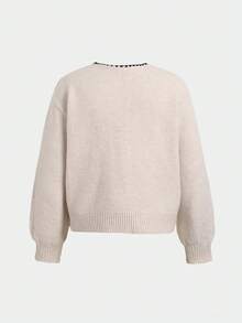 SHEIN 兒童青少年女孩黑色對比飾邊蝴蝶結綁帶素色杏色圓領長袖寬鬆針織開襟衫，適合秋冬返校學院風 - 杏色 - 查看 4