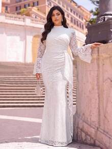 Aureia Plus Size Elegant Glamorous Romantic White Stand Collar Pearl Embellished Flared Sleeve Ruched Fitted Mermaid Hem Patchwork With Train Suitable For Evening Party Single Party Date Ball Vacation Wedding Event Bridal Gown - White - View 7