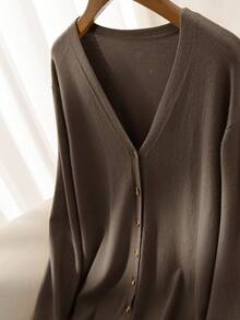 CosyJoli Women Plus Size Yellow Basic Cardigan, Solid Color Minimalist Casual Wear For Daily, For Spring Winter - Coffee Brown - View 3