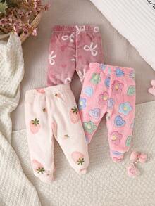 SHEIN 3件組女嬰冬季奶油色、淺粉色、粉色軟甜風草莓花蝴蝶結滿版印花鬆緊腰長褲，寬鬆直筒版型，適合日常穿著、戶外散步、拍照、家庭聚會、短途旅行 - 彩色 - 查看 3