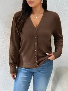 CosyJoli Women's Plus Size Casual Versatile All-Match Solid Color Cardigan Teachers' Day Office Chocolate Brown Autumn - Coffee Brown - View 12