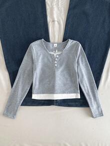 SHEIN Sparklyn Tween Girl Fall Tops Fall Button Half-Placket 2 In 1 Long Sleeve T-Shirt, Holiday Outfits, Casual, Comfortable - Grey - View 5