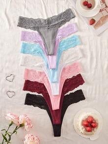 SHEIN 7件組蕾絲拼接低腰女款丁字褲內褲套裝 - 彩色 - 查看 3