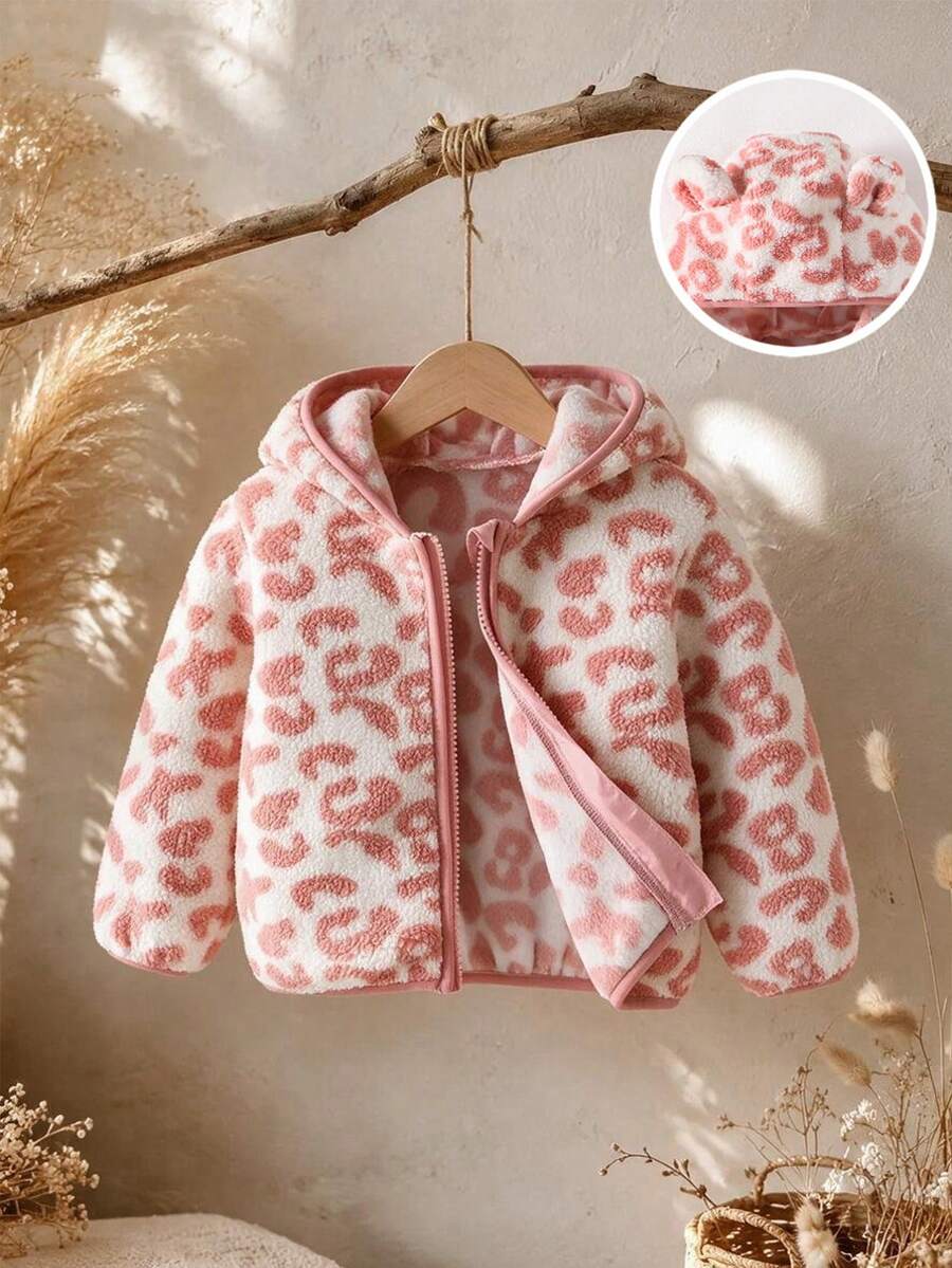 SHEIN 女嬰秋冬時尚可愛休閒豹紋毛絨熊耳帽拉鍊外套,適合外出穿著 - 粉色 - 查看 1