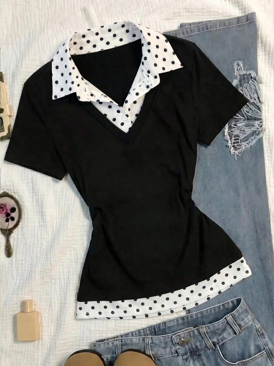 Tween Girl Summer New Tween Girl Black & White Contrast Color 2 In 1 Patchwork POLO Collar Short Sleeve T-Shirt, Casual, Preppy - Black and White - View 1