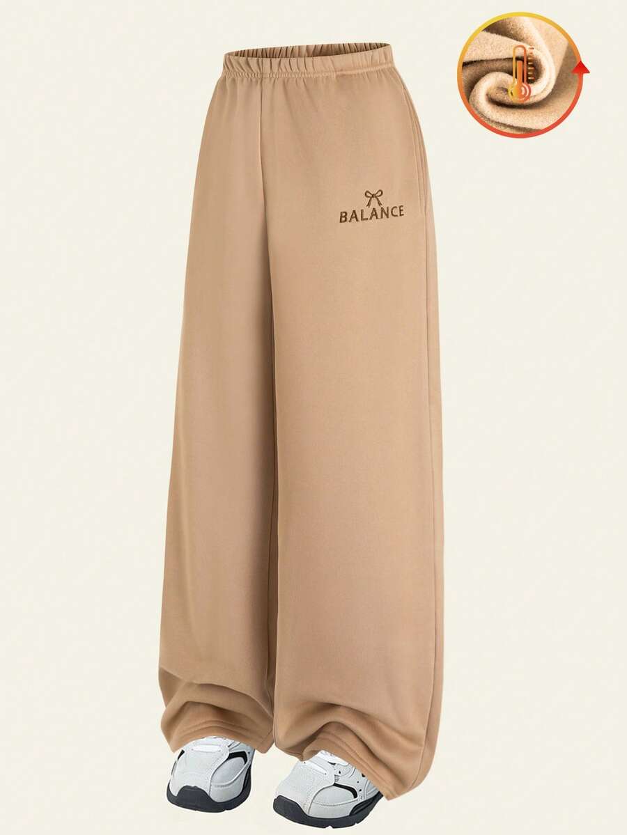 SHEIN Teen Girl Elastic Waist Letter Print Casual Daily Wear Sweatpants - Khaki - View 1