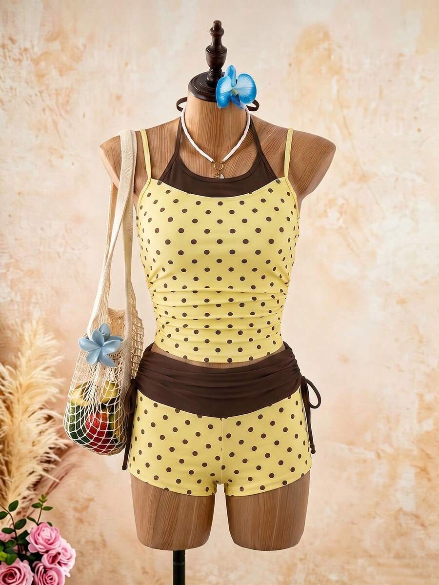 Bellisia Women's 2-Piece Vintage Polka Dot Print Spaghetti Strap Thin Strap Tank Top And Drawstring Shorts Bikini Set Set, Suitable For Summer Beach Vacation - Light Yellow - View 1