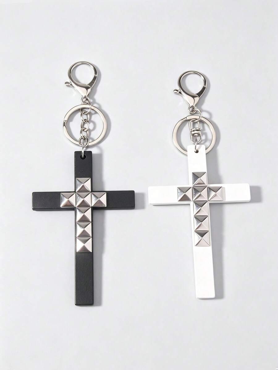 ROMWE Goth 2 Piezas Cruz Gótica Diablo, Llavero Punk Hip Hop Rock con Remaches, Colgante de Bolso, Unisex, Llavero para Parejas - Blanco y Negro-B - Ver 1