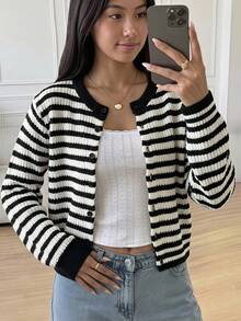 SHEIN 青少年女孩條紋圓領長袖開襟衫，返校季，學院風 - 黑與白 - 查看 9