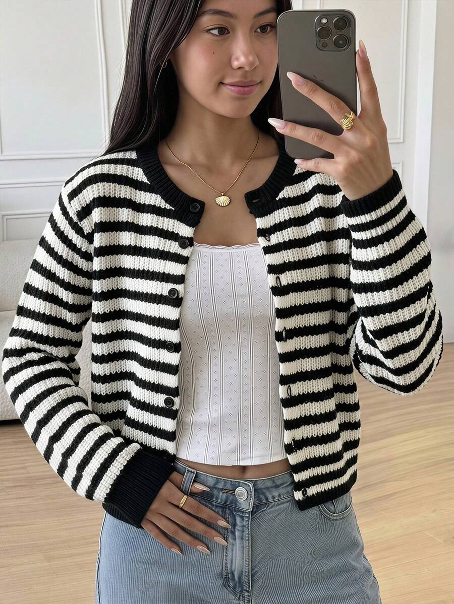 SHEIN Teen Girl Striped Round Neck Long Sleeve Cardigan, Back To School, Preppy Style - Black and White - View 1