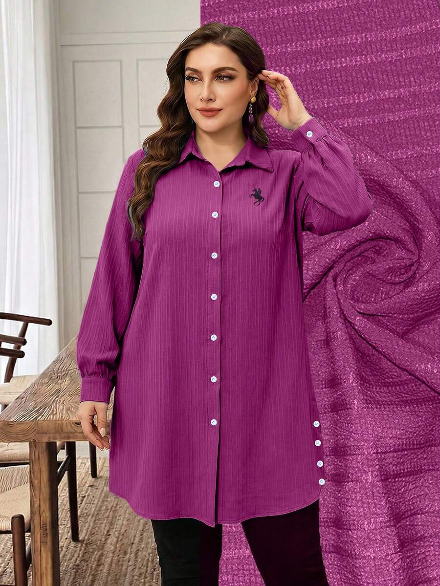 Lacomfia Plus Size Solid Color Long Sleeve Textured Fabric Casual Commute Embroidered Pony Long Shirt Fall - Red Violet - View 1