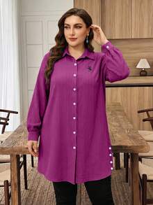 Lacomfia Plus Size Solid Color Long Sleeve Textured Fabric Casual Commute Embroidered Pony Long Shirt Fall - Red Violet - View 3