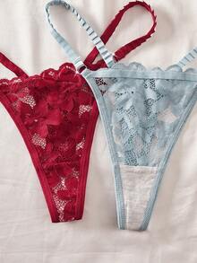 SHEIN 10pcs/Pack Lace Trim Women's Thong Panties - Multicolor - View 4