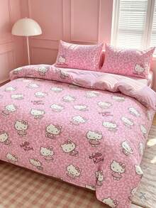 HELLO KITTY AND FRIENDS | SHEIN 3件組可愛卡通印花被套組，磨毛材質，柔軟保暖，多尺寸可選，適用單人床/雙人床/加大雙人床/特大床 - 皮粉 - 查看 2