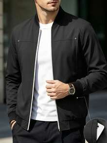 Manfinity CasualCool Men's Minimalist Black Bomber Jacket, Zip-Up Ribbed Cuffs & Hem, Casual Daily Outerwear For All Occa - Black - View 3