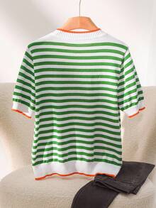 CosyJoli Plus Size Casual Striped Contrast Color Round Neck Short Sleeve Knit Top Fall/Winter - Green - View 3