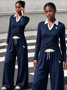 SHEIN Teen Girl Knight Print Colorblock Long Sleeve T-Shirt And Drawstring Waist Long Pants Casual Daily Outfit - Navy Blue - View 1