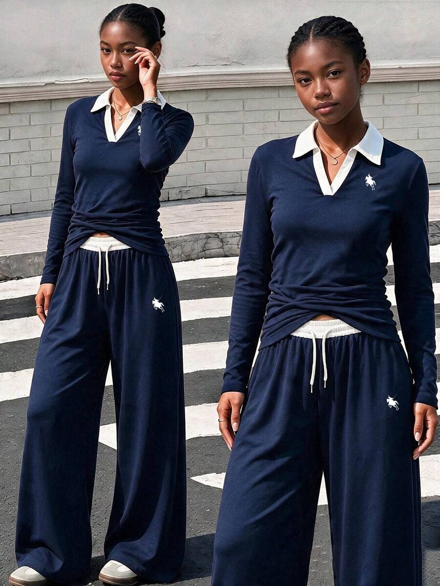 SHEIN Teen Girl Knight Print Colorblock Long Sleeve T-Shirt And Drawstring Waist Long Pants Casual Daily Outfit - Navy Blue - View 1