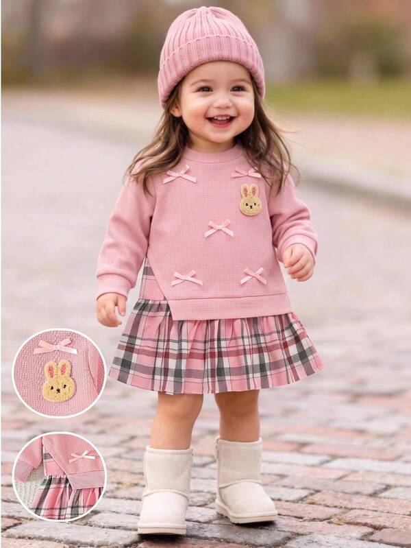 1pc Baby Girl Pink Solid Color Patchwork Plaid Round Neck Long Sleeve Pullover Dress, Casual Sweet Cute Fashion Korean Style Rabbit And Bow Decor Dress Short Skirt, Suitable For Autumn/Winter Daily Wear, Travel, School, Shopping, Party And Other Indoor/Outdoor Occasions