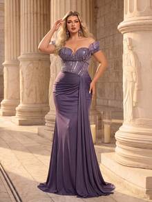 Glamrae Plus Size Elegant Purple Luxury Beaded Off Shoulder Exaggerated Neckline Waist Sheer Patchwork High Elastic Knit Mermaid Tail Heavy Embellished - Purple - View 4