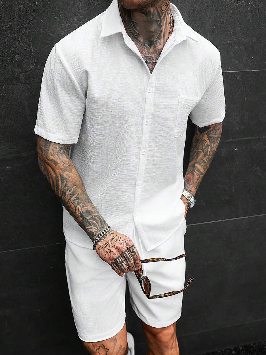 Manfinity CasualCool Men's Casual Solid Color Short Sleeve Single-Breasted Shirt And Shorts Set - White - View 1