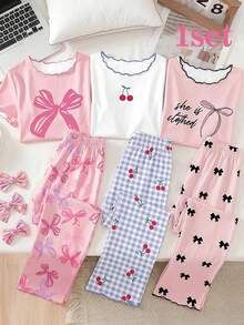 1 Set Teen Girls Pajamas, Minimalist Pink Base Bow Print Contrast Color Trim Short Sleeve & Long Pants Casual Sleepwear Set - Multicolor - View 4