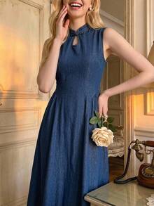 SHEIN MOD 女款時尚青蛙鈕扣百褶牛仔洋裝，優雅中式風，無袖，適合秋冬，奢華休閒，派對約會節慶穿搭，可愛風格 - 藍色 - 查看 5