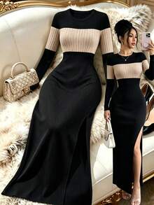 Selianne Gaun Wanita Vintage Colorblock Leher Bulat Belahan Samping Lengan Panjang - MultiWarna - View 1
