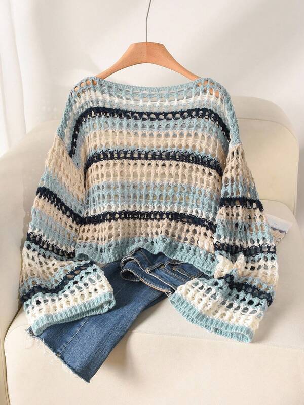 CosyJoli Plus Size Casual Blue White Striped Hollow Out Boat Neck Loose Short Pullover Long Sleeve Sweater,Slightly Sheer, Sun Protection In Fall/Winter