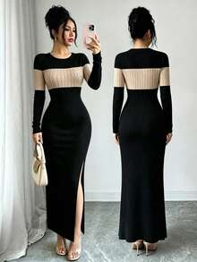 Selianne Gaun Wanita Vintage Colorblock Leher Bulat Belahan Samping Lengan Panjang - MultiWarna - View 2