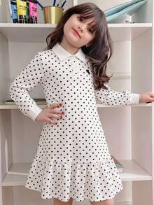 SHEIN Tween女孩對比白POLO領黑白波點Logo印花長袖寬鬆A字洋裝 優雅學院風 - 黑與白 - 查看 4