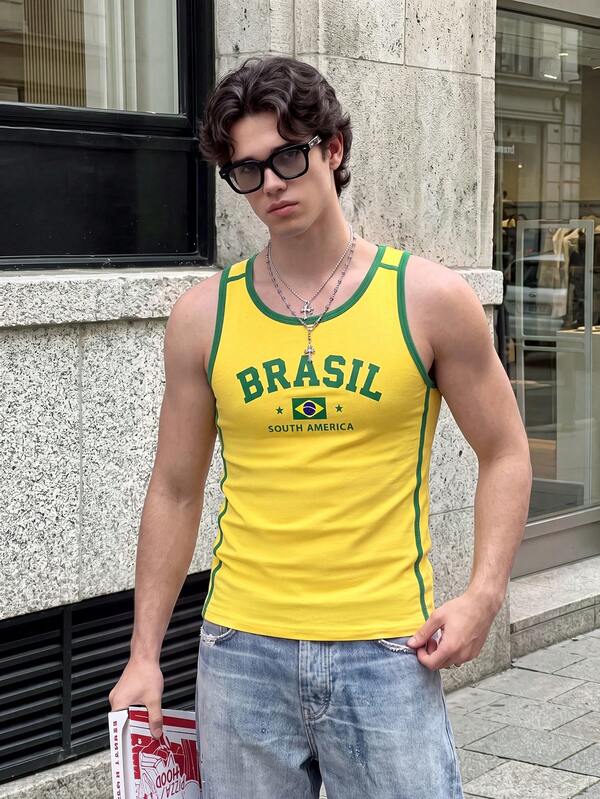 Resyla Men Men's Summer Street Style Cool Football Jersey, BRASIL Letter Print Yellow Crew Neck Tank Top, Brazil Style, Suitable For Spring And Summer, Fan Watching, Summer Outings, Daily Wear; Pair With Distressed Straight Leg Pants, Cargo Shorts, And A Belt To Easily Create An American Vintage Youthful Look