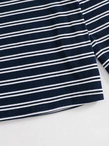 SHEIN 青少年女孩 V 領條紋拼色休閒校園風百搭日常穿著 T-shirt 海軍藍 秋季 - 藏蓝色 - 查看 5