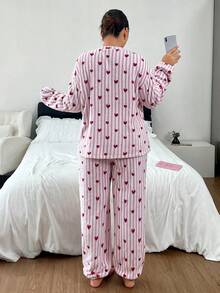 Napfluff CURVE Napfluff CURVE Cute Striped Heart Print Plush Loungewear 2 Pieces Set, Plus Size Pajamas For Autumn/Winter - Pink - View 2
