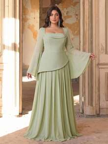 Aureia Plus Size Elegant Sage Green Chiffon Trumpet Sleeve 2 In 1 A-Line Maxi Dress Suitable For Wedding Party Ball Birthday Bridesmaid - Green - View 4