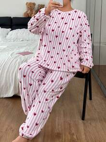 Napfluff CURVE Napfluff CURVE Cute Striped Heart Print Plush Loungewear 2 Pieces Set, Plus Size Pajamas For Autumn/Winter - Pink - View 3
