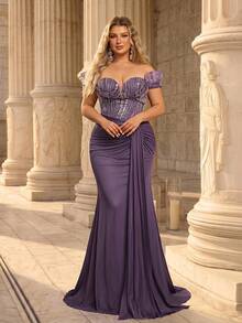 Glamrae Plus Size Elegant Purple Luxury Beaded Off Shoulder Exaggerated Neckline Waist Sheer Patchwork High Elastic Knit Mermaid Tail Heavy Embellished - Purple - View 7