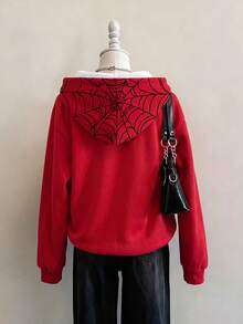 SHEIN EZwear 女款休閒開襟連帽衛衣，蜘蛛圖案，女款秋冬服飾 - 彩色 - 查看 4