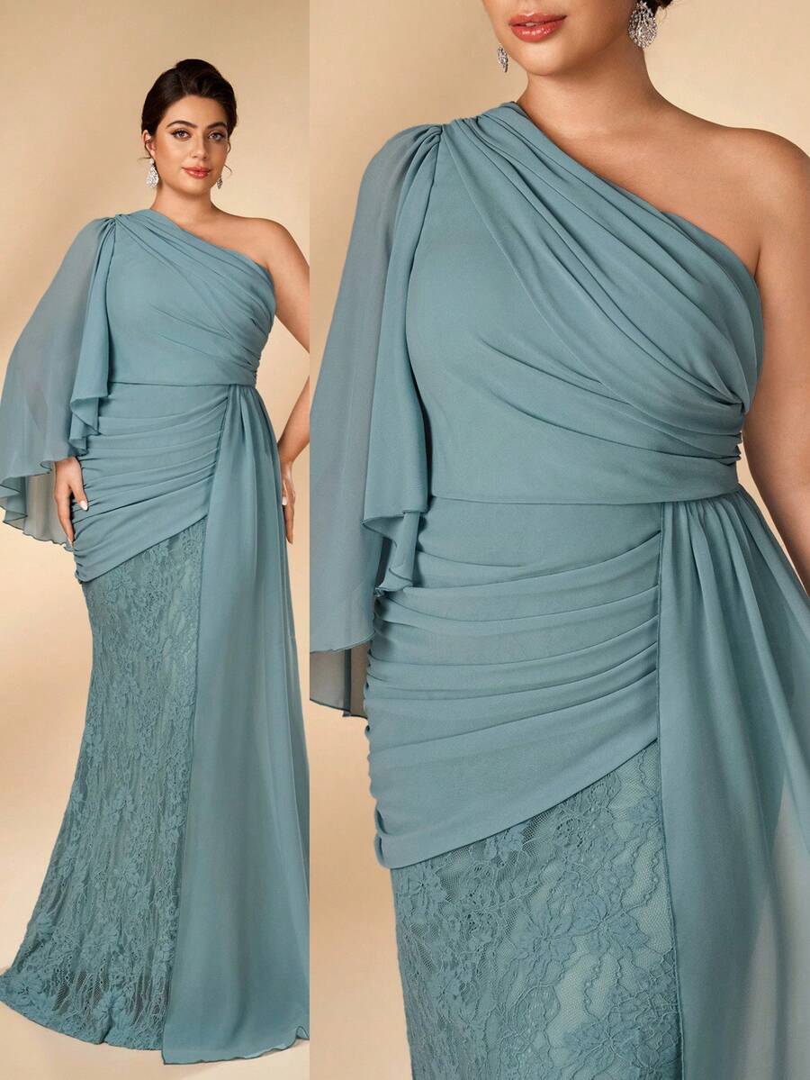 Serin Plus Size Elegant Glamorous Blue Lace Patchwork Chiffon One Shoulder Ruched Asymmetrical Ruffle Sleeve Fitted Mermaid Hem Formal Evening Gown For