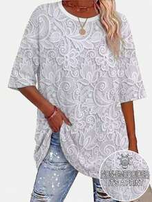 EMERY ROSE Camiseta holgada de cuello redondo con patchwork de encaje para mujer de talla grande - Multicolor - Ver 3