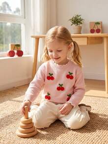 Fashionable Versatile Cute Cherry Pattern Girls Toddler Pullover Round Neck Sweater - Pink - View 10