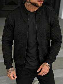 Manfinity Homme Men's Solid Color Long Sleeve Zip-Up Baseball Jacket - Black - View 2
