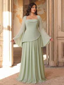 Aureia Plus Size Elegant Sage Green Chiffon Trumpet Sleeve 2 In 1 A-Line Maxi Dress Suitable For Wedding Party Ball Birthday Bridesmaid - Green - View 1