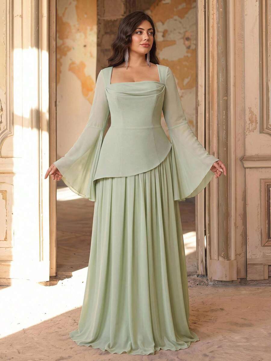 Aureia Plus Size Elegant Sage Green Chiffon Trumpet Sleeve 2 In 1 A-Line Maxi Dress Suitable For Wedding Party Ball Birthday Bridesmaid - Green - View 1