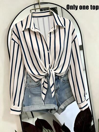 SHEIN Striped Print Tie-Front Casual Versatile Long Sleeve Women's Shirt