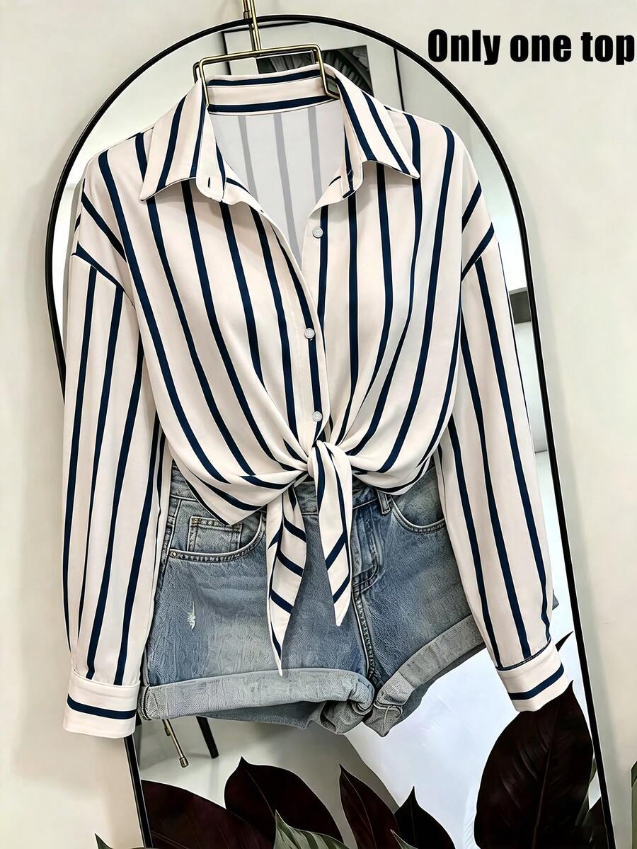 SHEIN 條紋印花前綁帶休閒百搭長袖女款襯衫 - 藏蓝色 - 查看 1