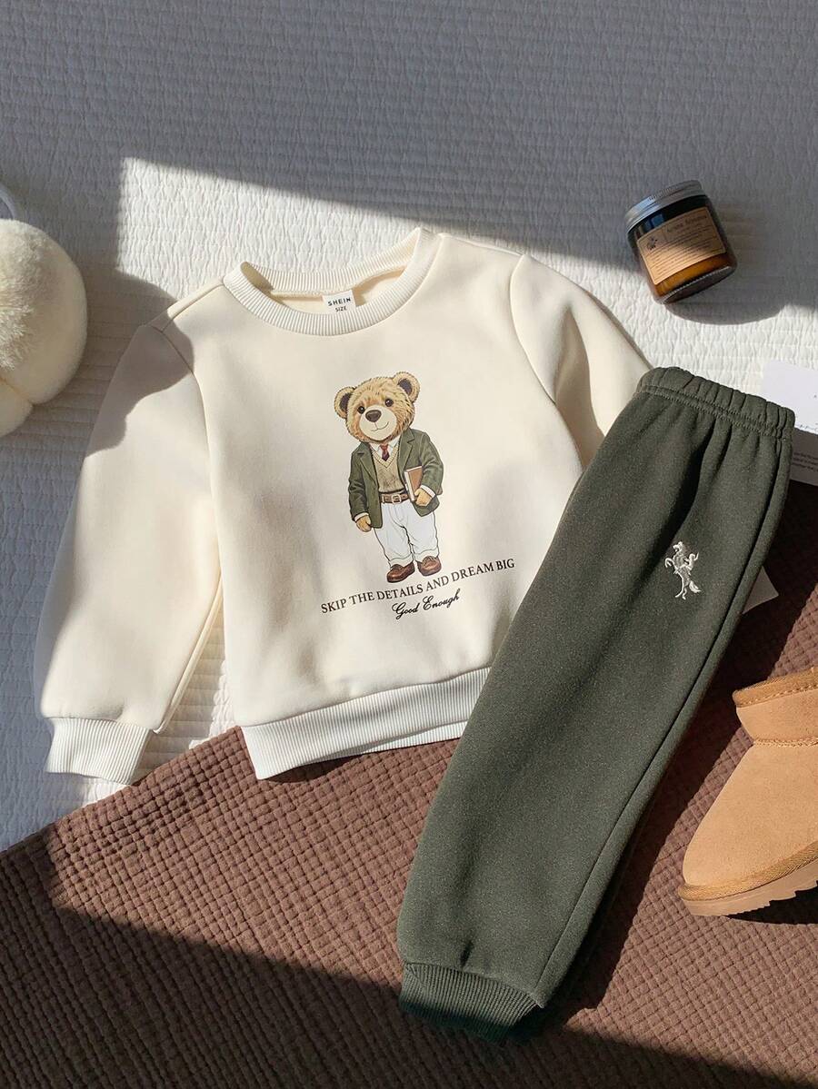 SHEIN 2件套男婴秋冬休闲可爱卡通图案卫衣裤套装，可爱套装，卫衣套装，秋冬套装，小熊套装，婴儿套装 - 彩色 - 查看 1