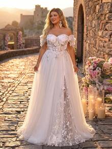 Glamrae Luxury Plus Size Elegant Gorgeous White Sequin Embroidered 3D Floral Off-Shoulder Hanging Sleeve Applique Ruched A-Line Patchwork Triangle Mesh For - White - View 3