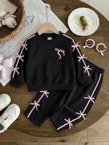 SHEIN Playful Pals 2pcs/Set Baby Girls Bow Decor Black Polka Dot Long Sleeve Top,Wide Leg Pants,Autumn,Cute Kawaii, Pink,Family Matching Fashionable Outfit - Black - View 3