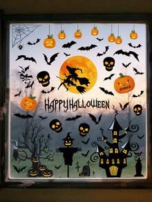 Halloween Window Clings Stickers Witch Broom Full Moon Haunted House Hanging Pumpkin Skull Bat Dead Tree Happy Halloween Decals For Glass Door Decor - View 5
